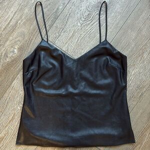 Amanda Uprichard Black Faux Leather Vegan Spaghetti Strap V-neck Tank Top